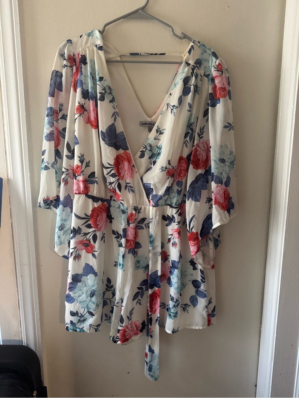 bailey blue White Floral Surplice Top with Blue Accents